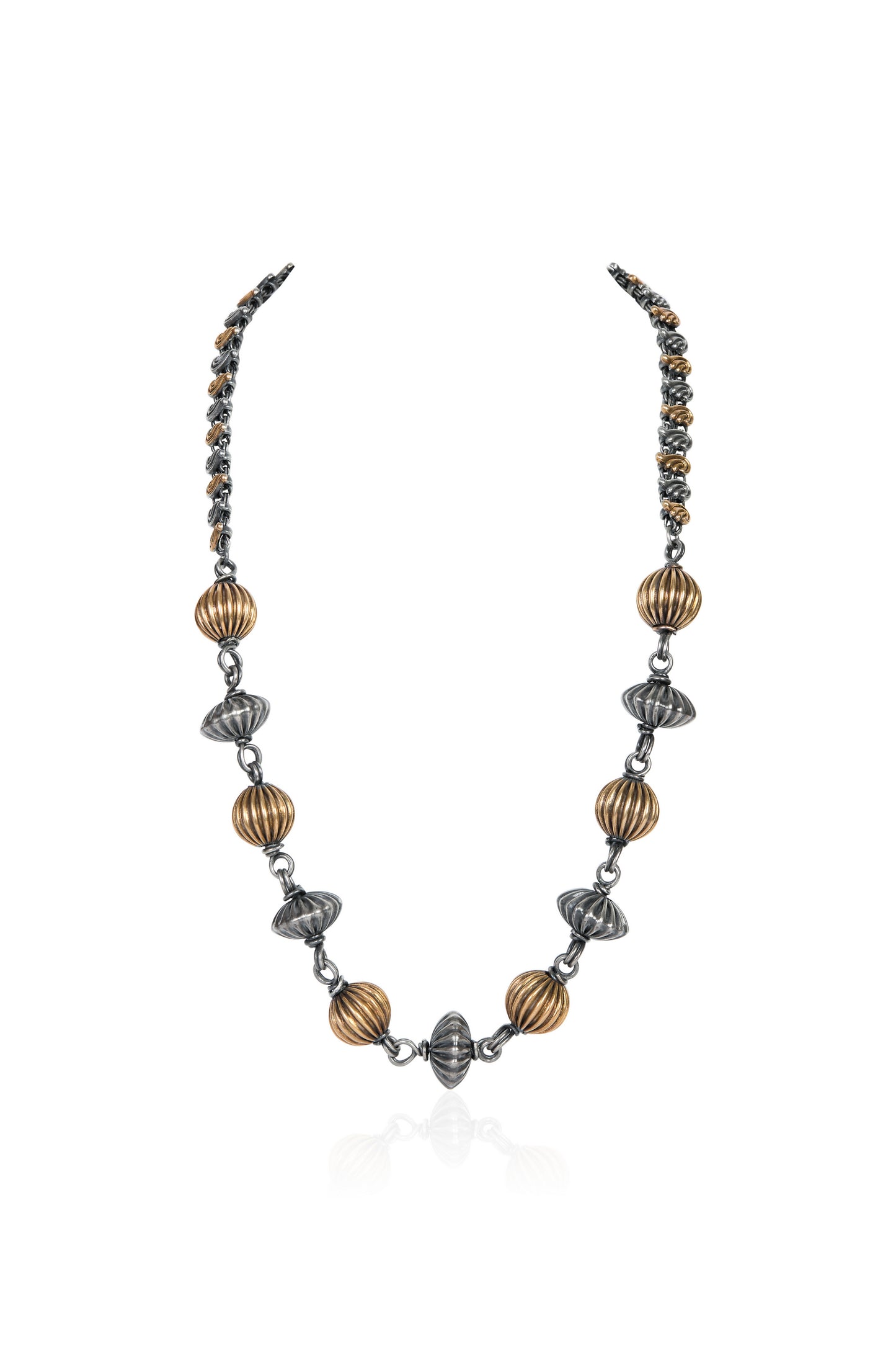Two-Tone Silver and Gold Bead Necklace with Ribbed and Textured Elements