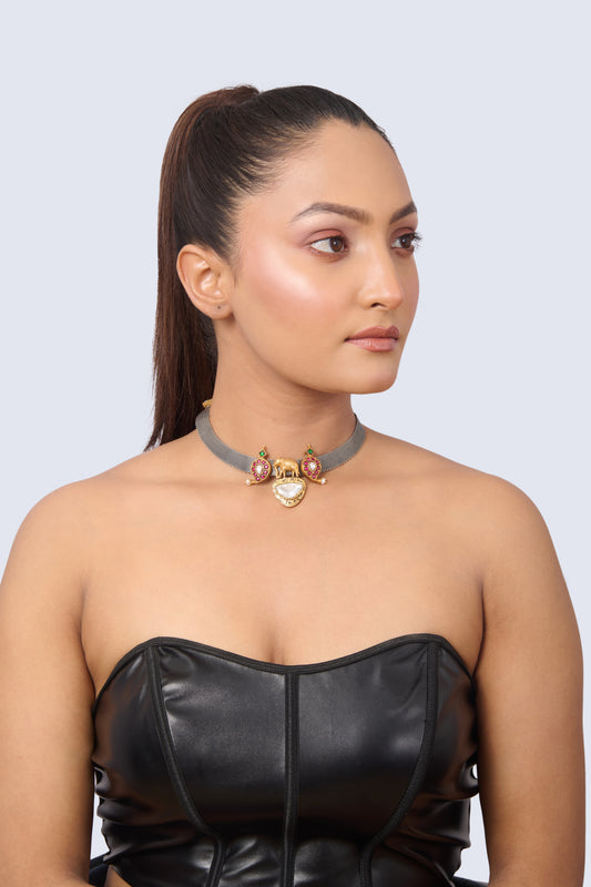 Two-Tone Choker with White Quartz, Ruby, Emerald, and Cubic Zirconia Elephant Design