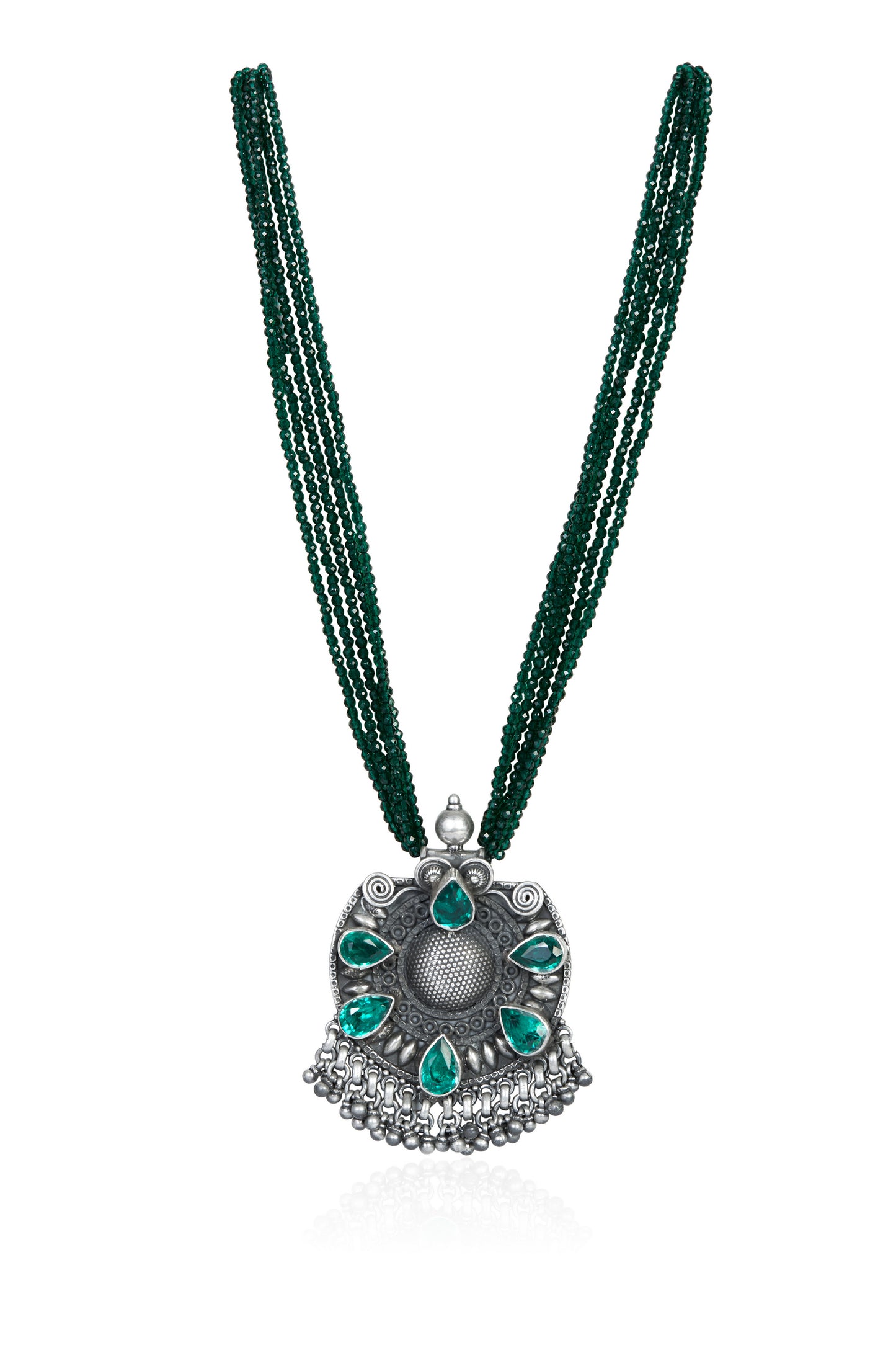 Ornate Silver Necklace with Teardrop Emeralds and Dark Green Beaded Strands