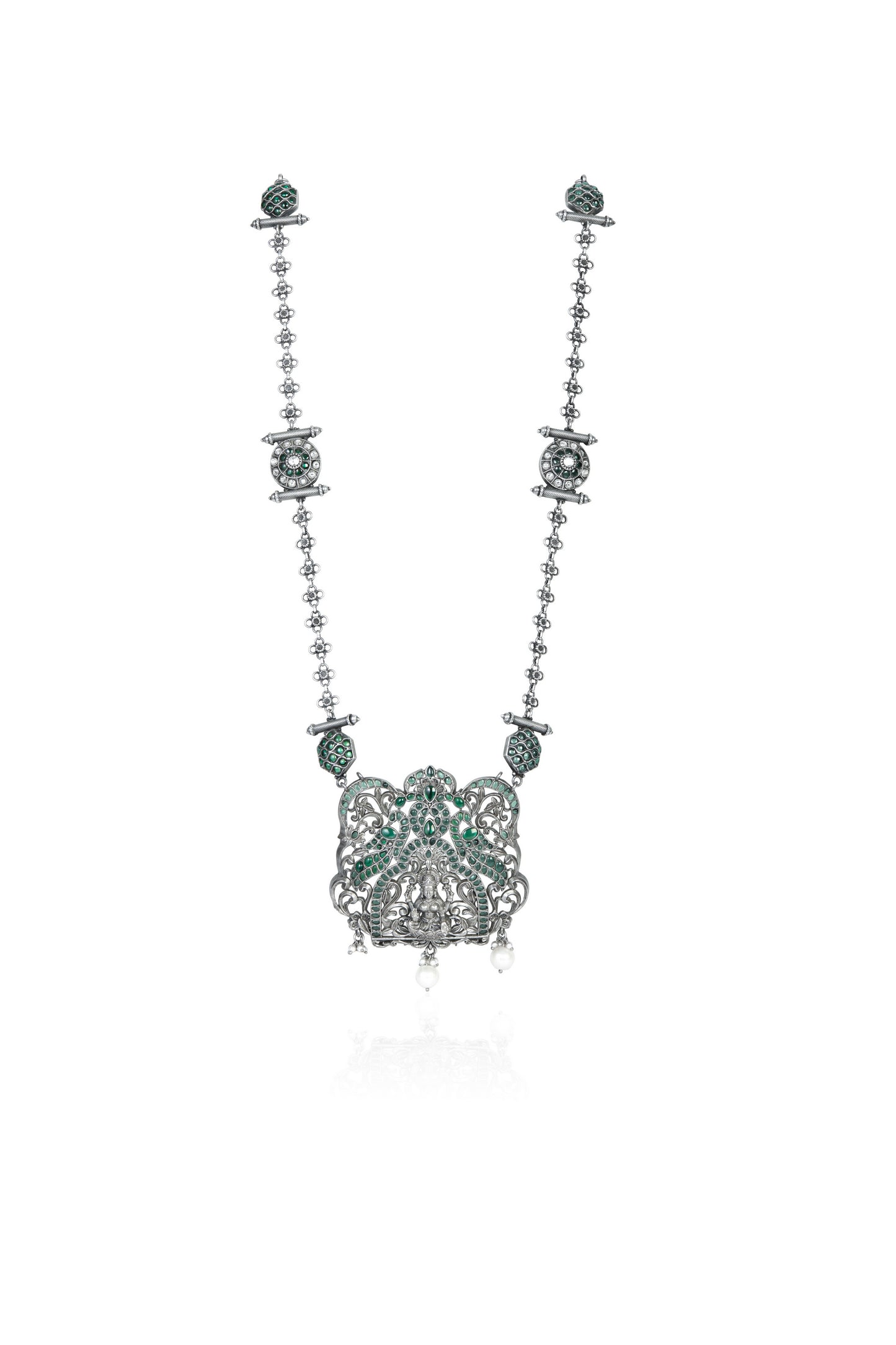 Silver Tone Long Necklace with Green Gemstone and Pearl Ornate Pendant