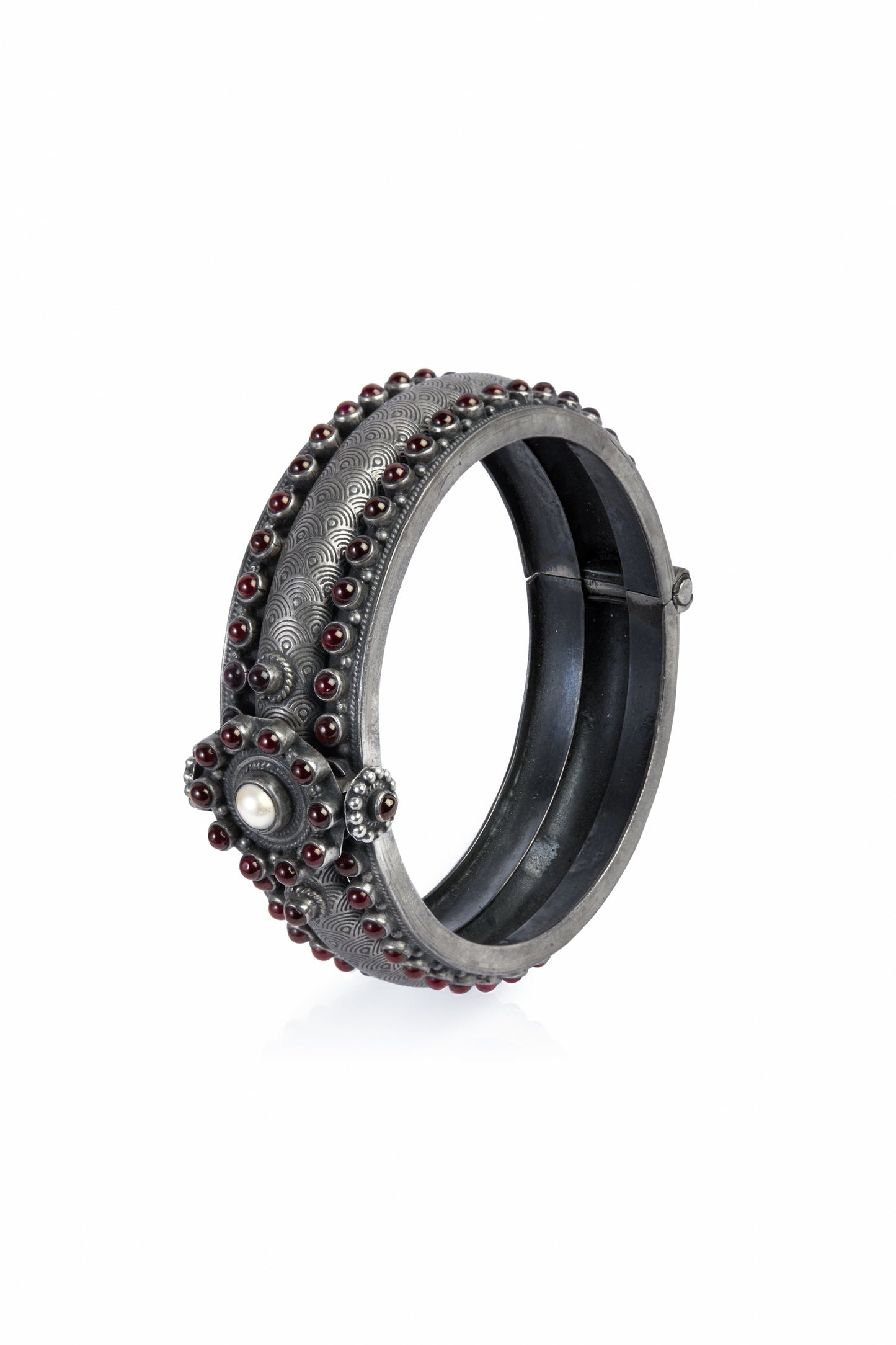 Vintage Style Oxidized Bangle with Pearl Center and Ruby Halo