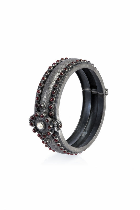 Vintage Style Oxidized Bangle with Pearl Center and Ruby Halo