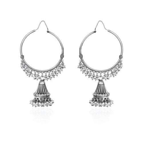 Oxidized Silver Hoop Earrings with Jhumka and Pearl Dangles