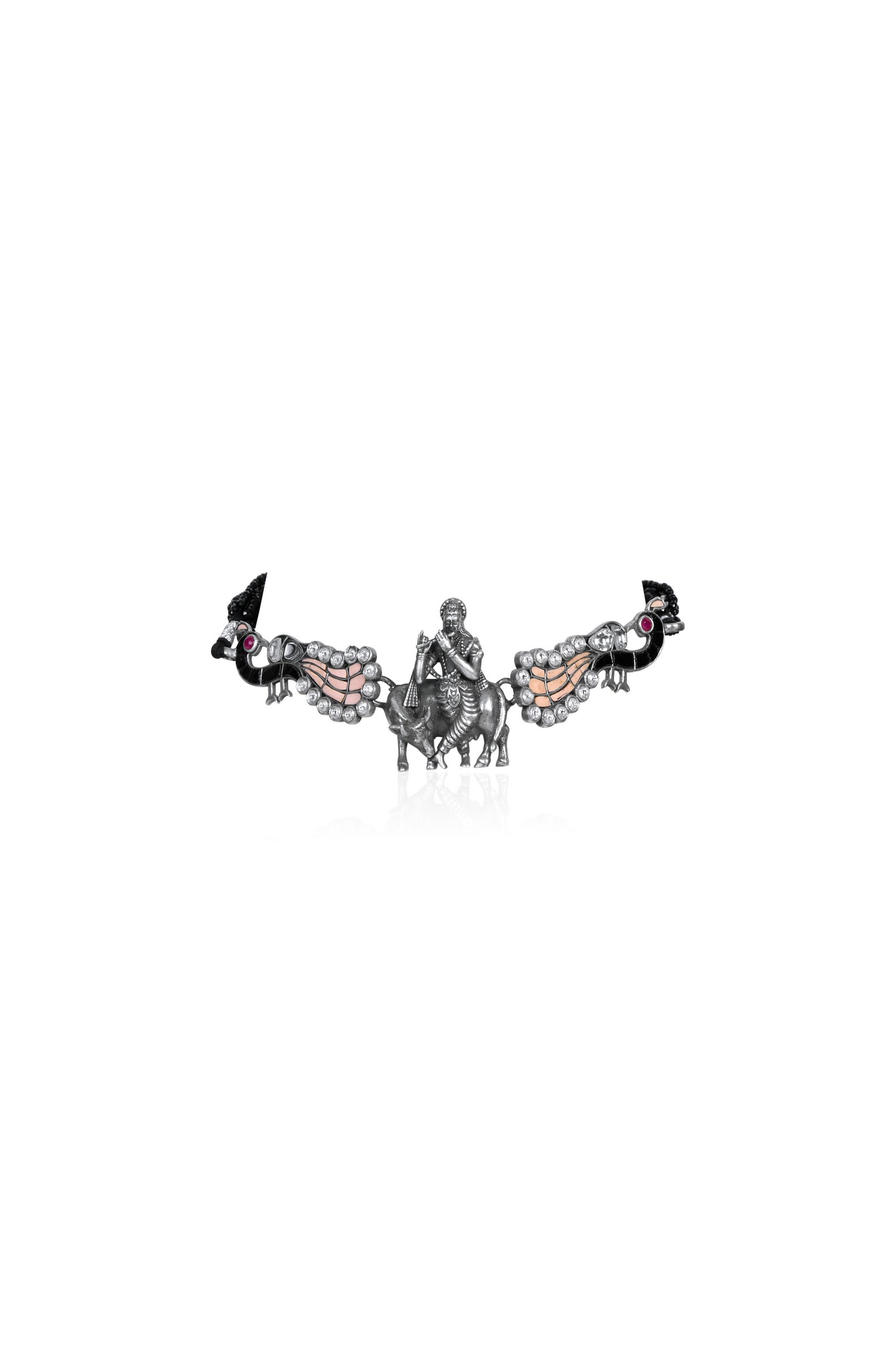 Religious Silver Pendant with Krishna Fluting, Cow, Peacocks with Ruby Eyes, and Pearl Highlights