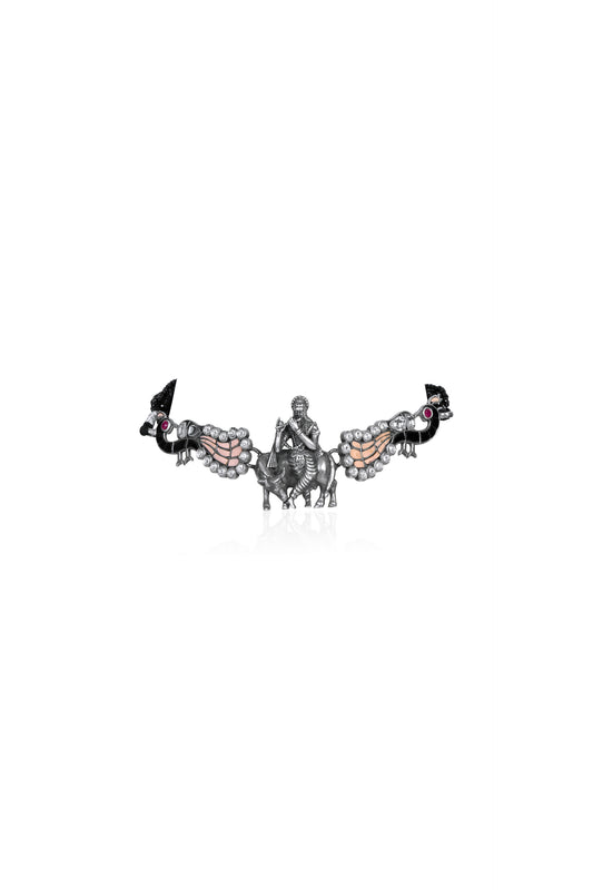 Silver Pendant with Krishna Fluting Cow Peacocks with Ruby Eyes and Pearl Highlights