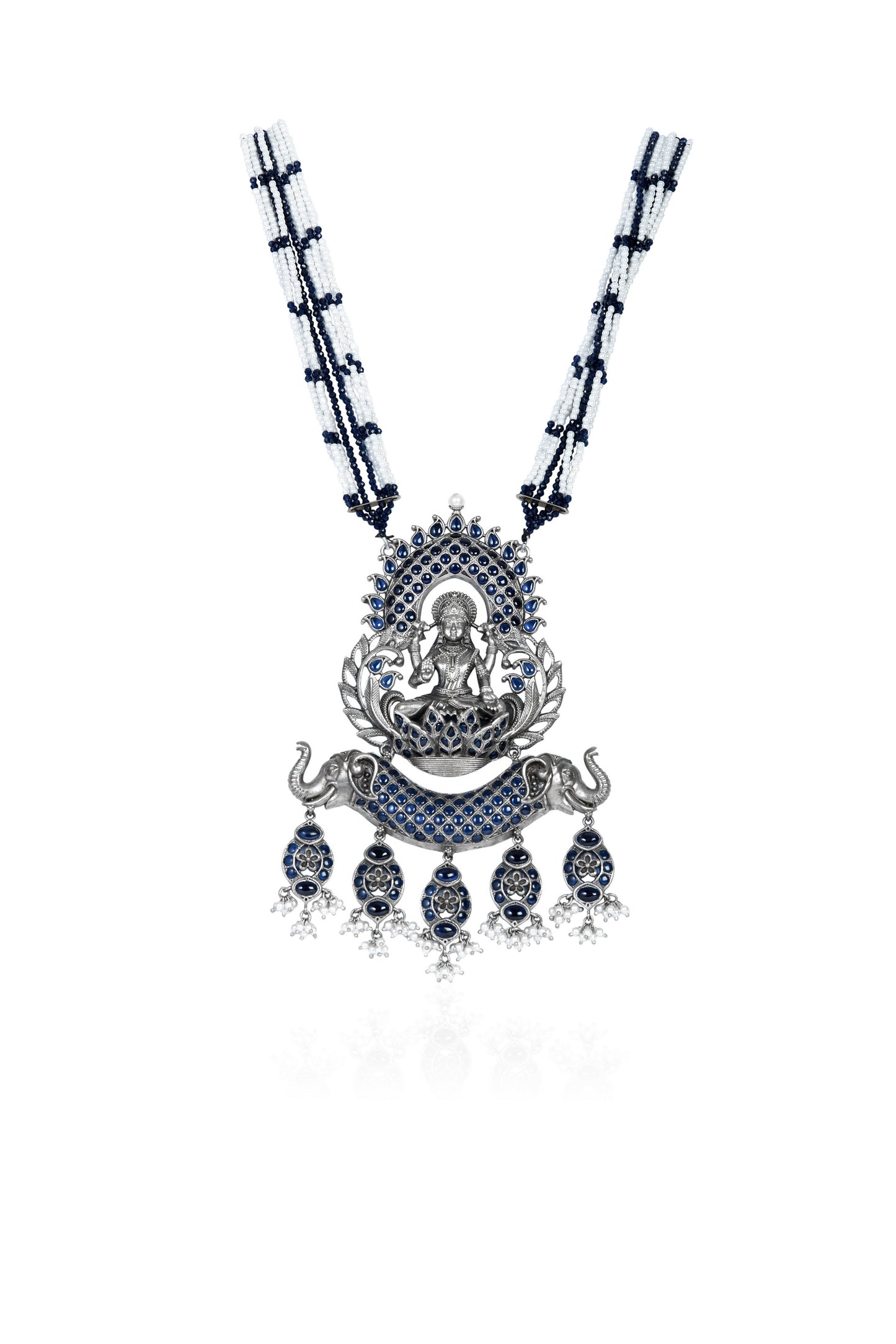 Silver Tone Lakshmi Elephant Necklace with Blue Sapphires and Pearl Beads