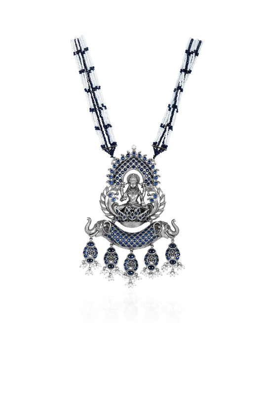 Silver Tone Lakshmi Elephant Necklace with Blue Sapphires and Pearl Beads