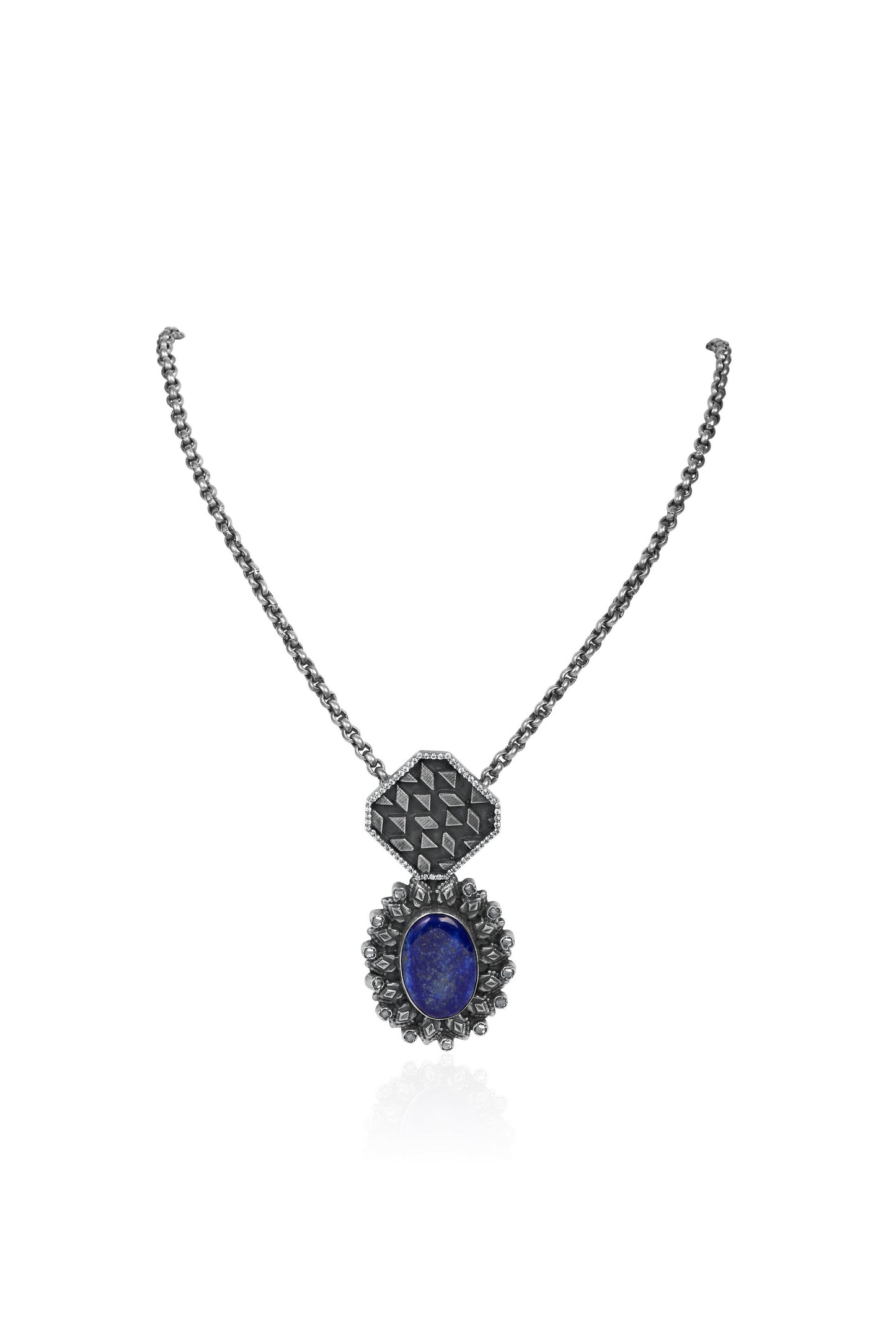 Silver Tone Necklace with Oval Lapis Lazuli Pendant and Geometric Detail