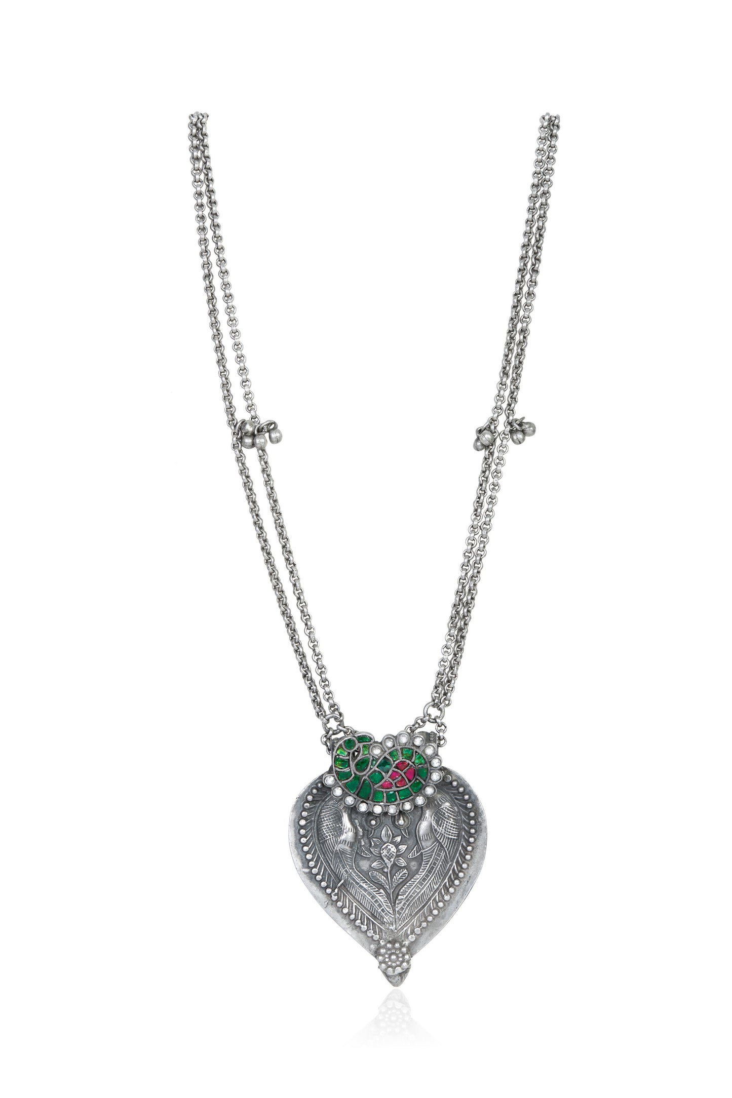 Silver Tone Long Necklace with Leaf Pendant, Enamel and Pearl Accents