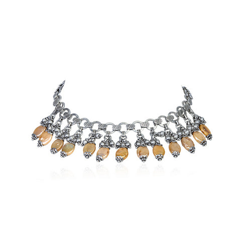 Silver Tone Choker with Dangling Oval Moonstones and Ornate Links
