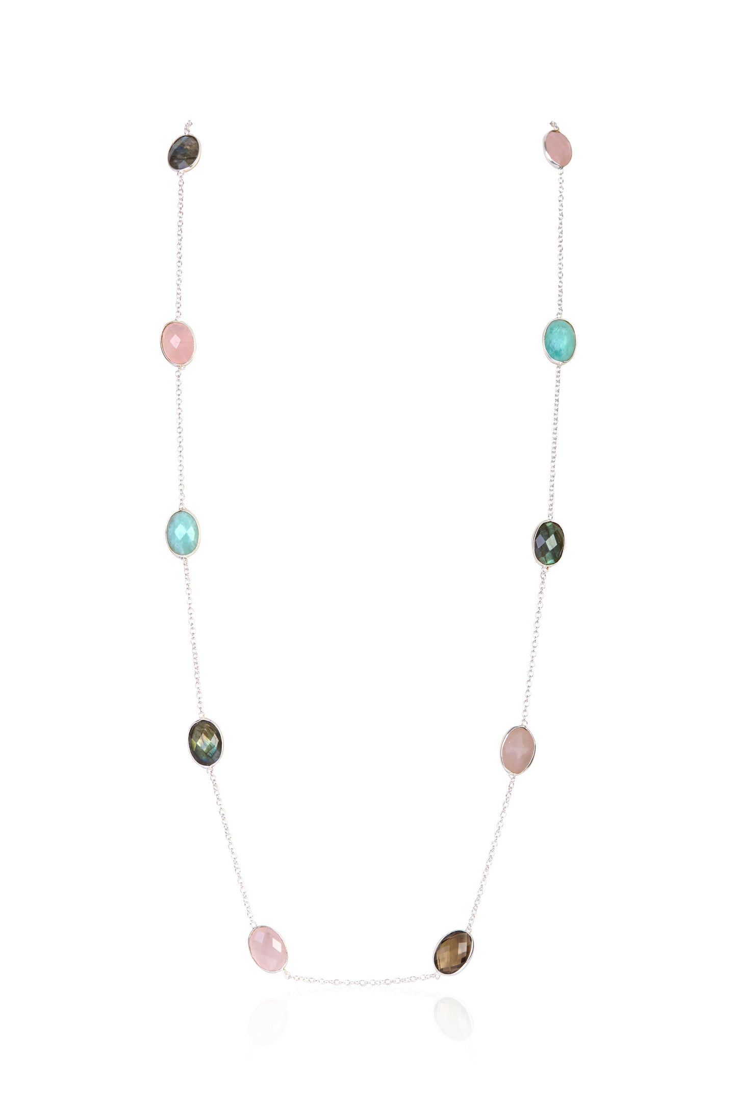 Elegant Silver Chain Necklace with Pastel and Earth Tone Gemstone Accents