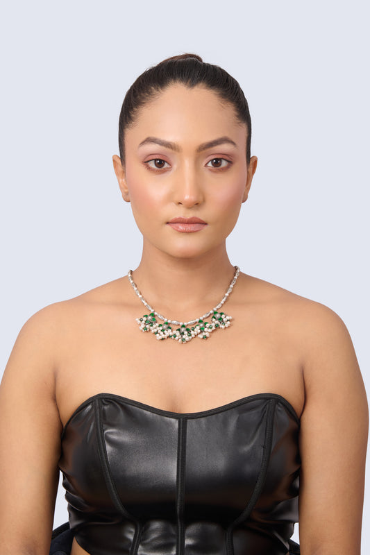 Delicate Silver Necklace with Emerald Floral Elements and White Pearl Drops
