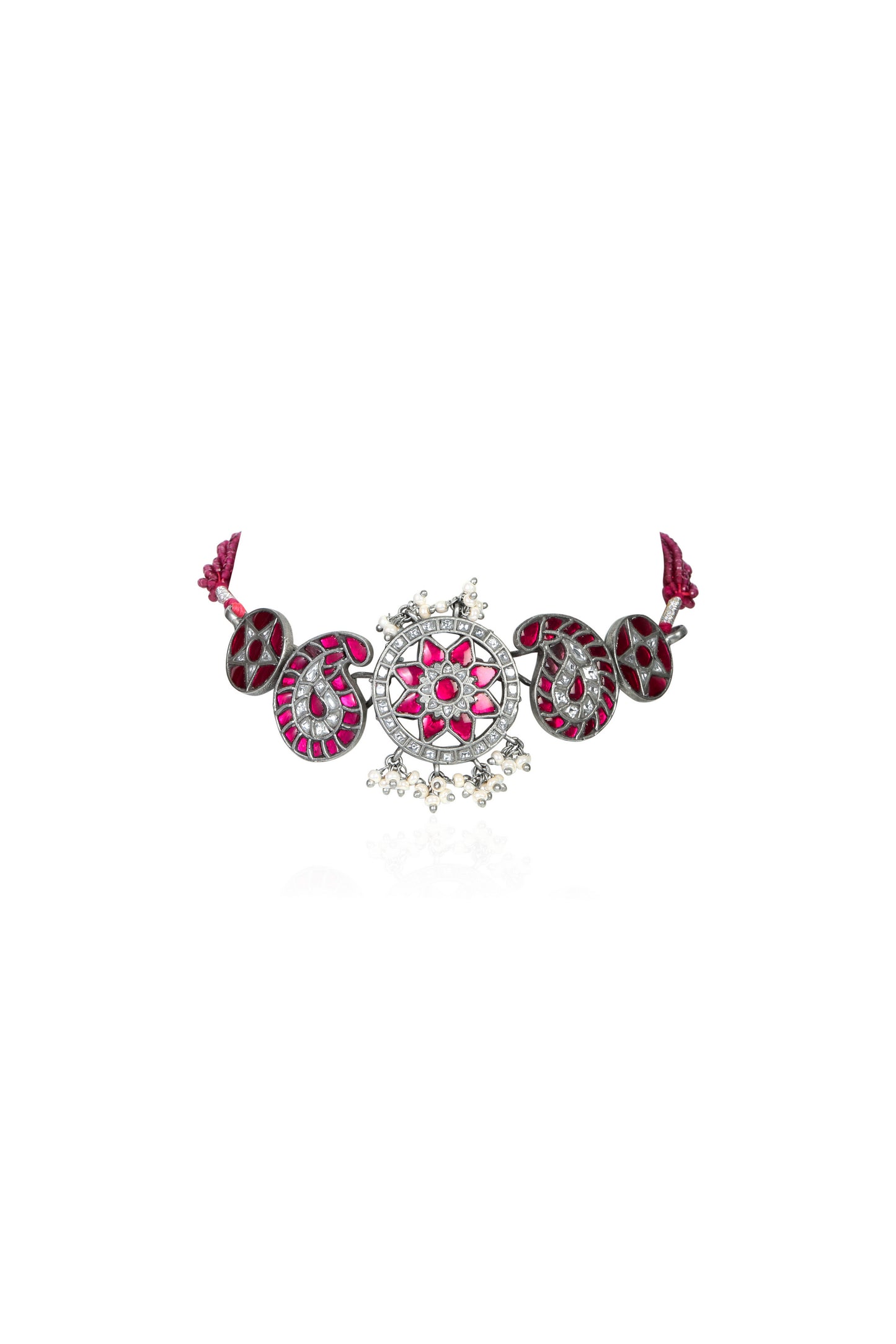 Elegant Silver Choker with Ruby Floral Medallion, Paisley Motifs, and Pearl Drops