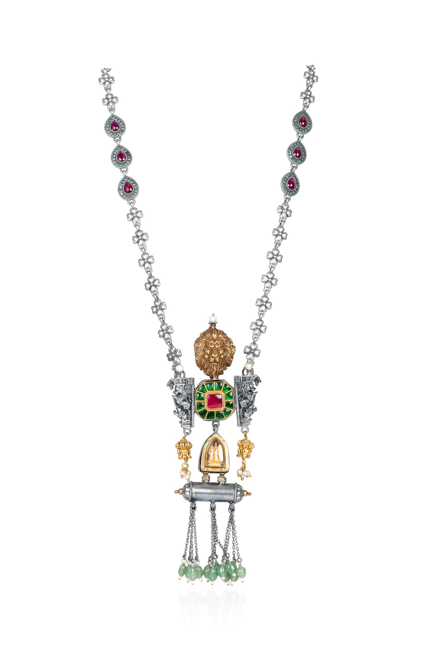 Silver Tone Necklace with Ruby Accented Chain, Emerald Center, Gold Lion, and Jade Drops