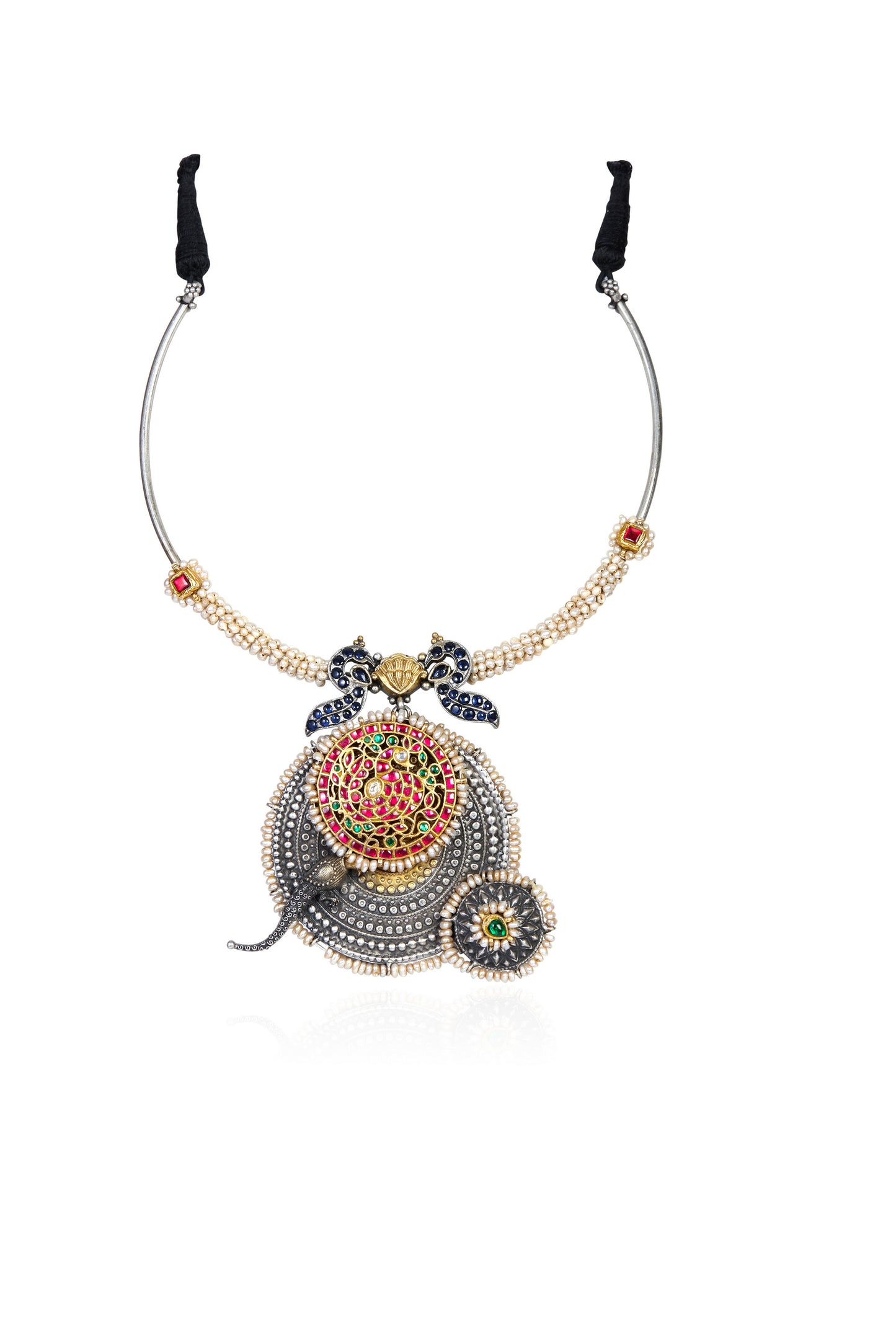 Silver Tone Choker with Ruby, Emerald, Sapphire, Pearl, and Enamel Pendant