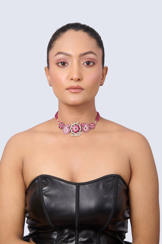 Elegant Silver Choker with Ruby Floral Medallion, Paisley Motifs, and Pearl Drops