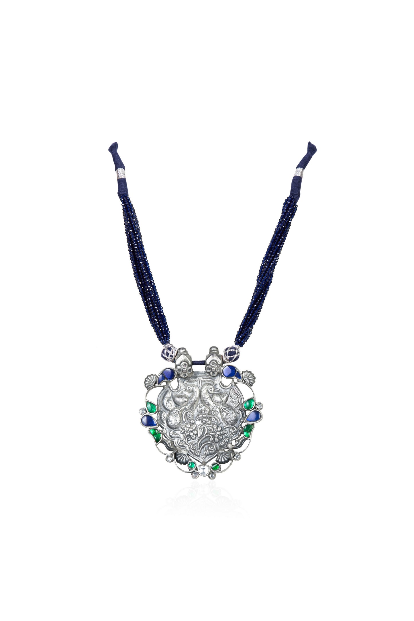 Silver Tone Pendant Necklace with Sapphire, Emerald, and White Gem Accents