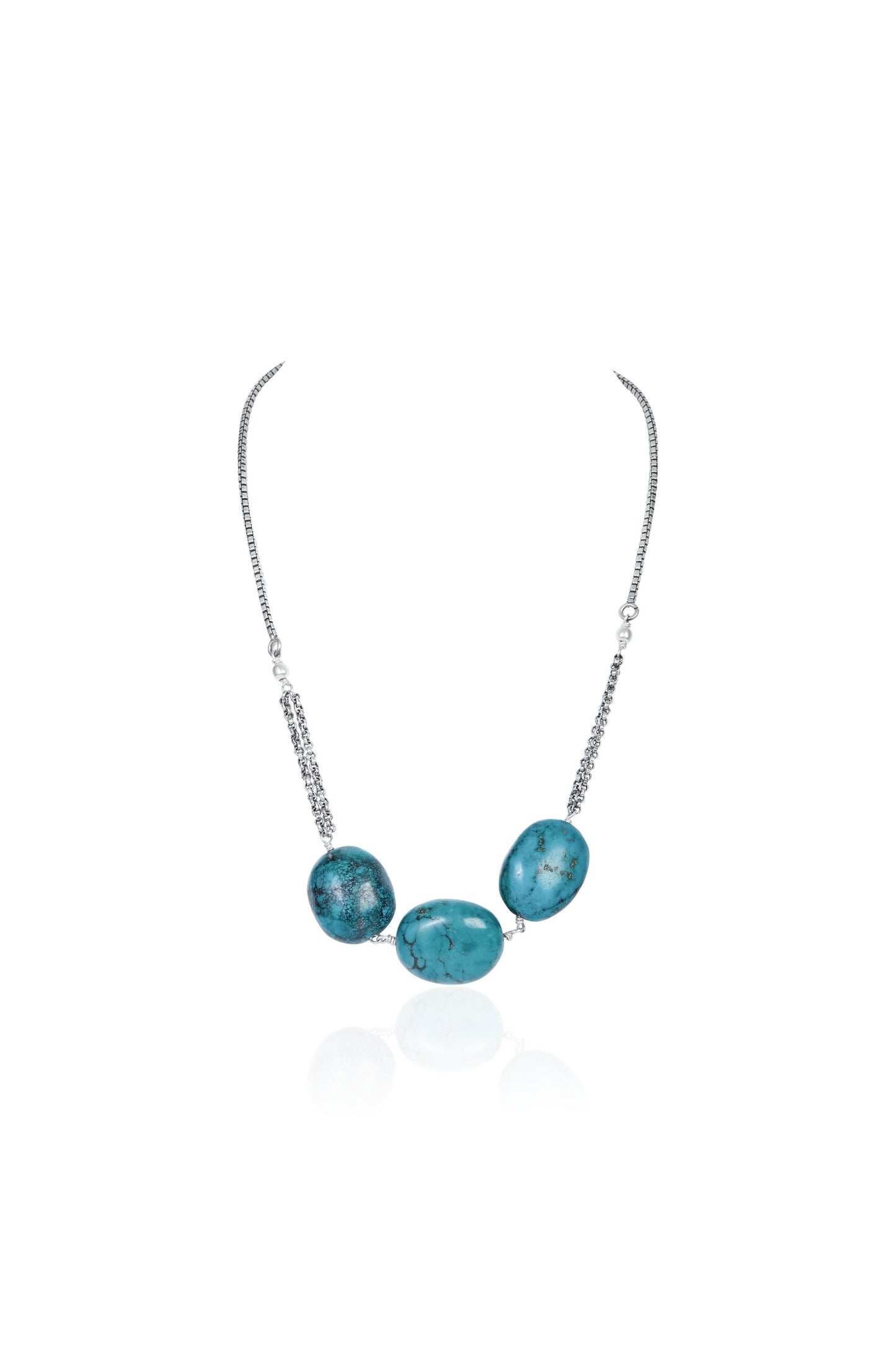 Silver Tone Necklace with Three Oval Turquoise Stones and Pearl Accents