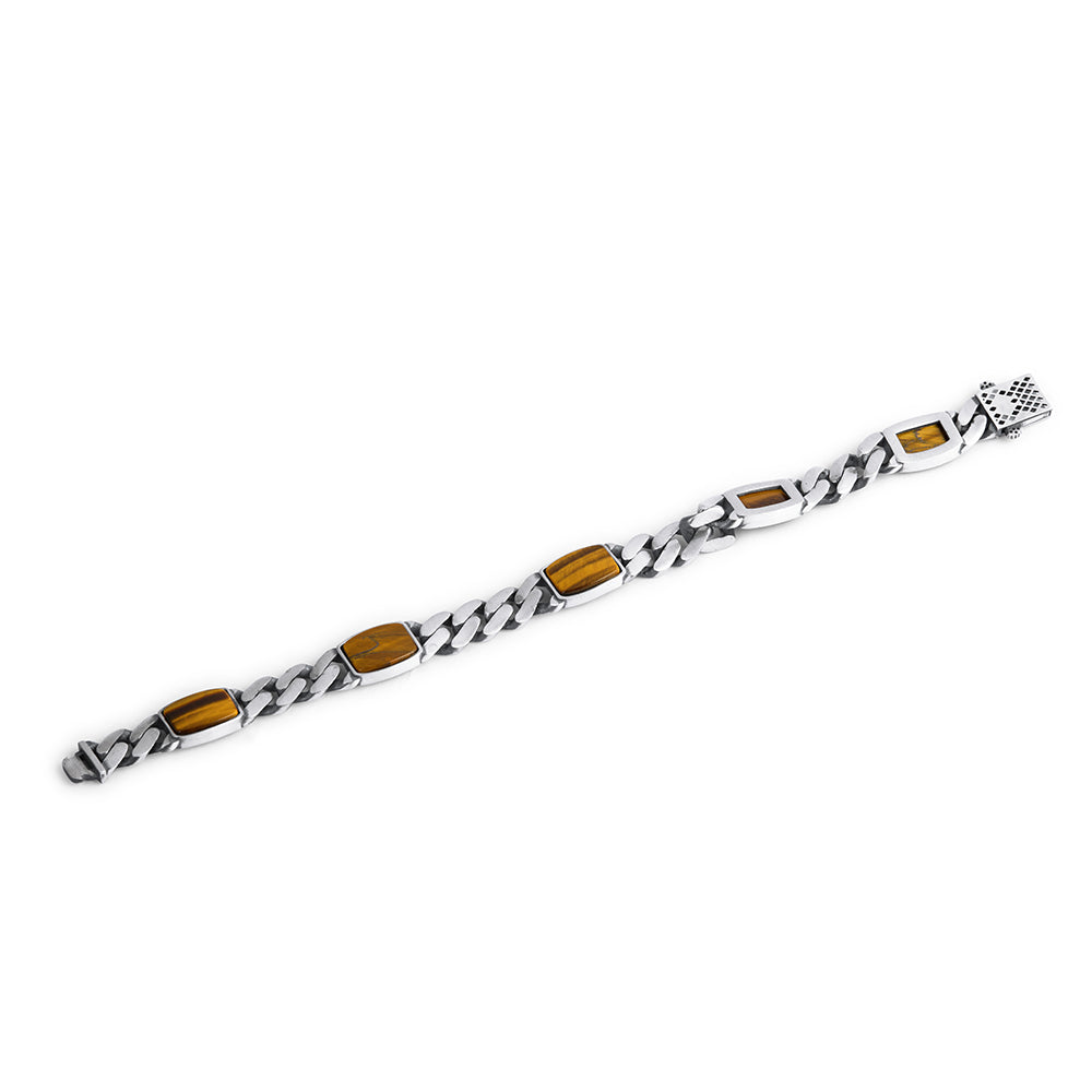 Modern Silver Curb Bracelet with Natural Tiger Eye Accents