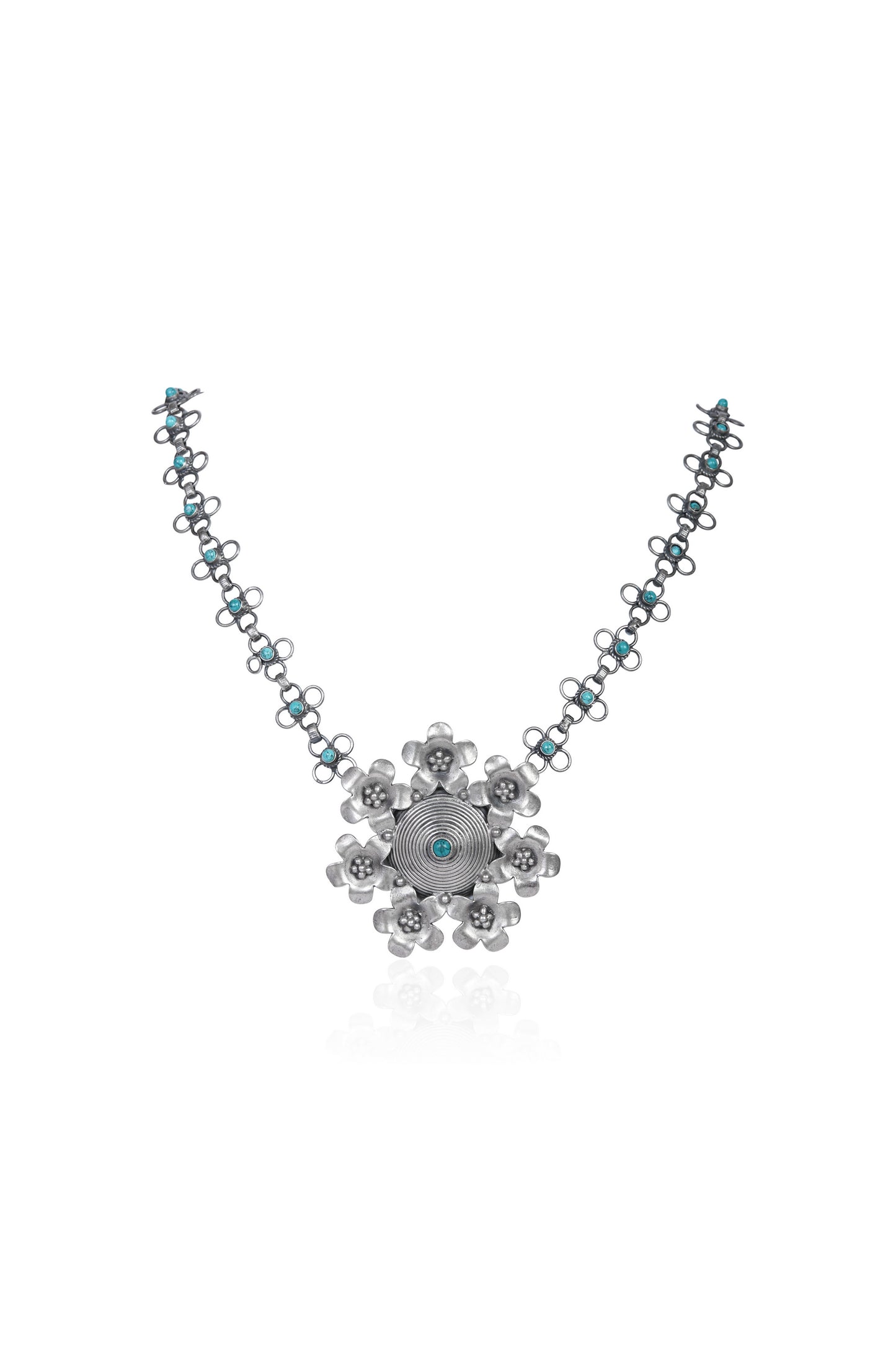 Silver Tone Necklace with Turquoise Floral Pendant and Chain