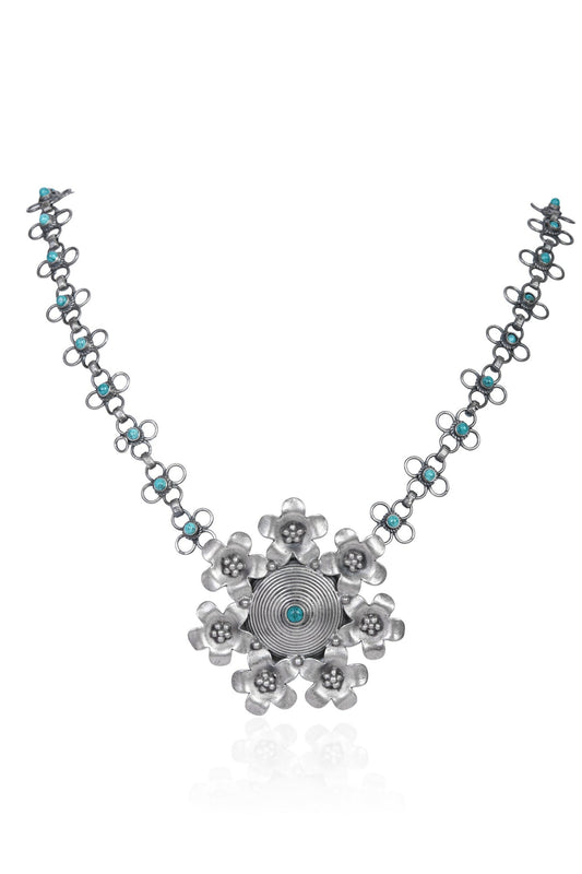 Silver Tone Necklace with Turquoise Floral Pendant and Chain