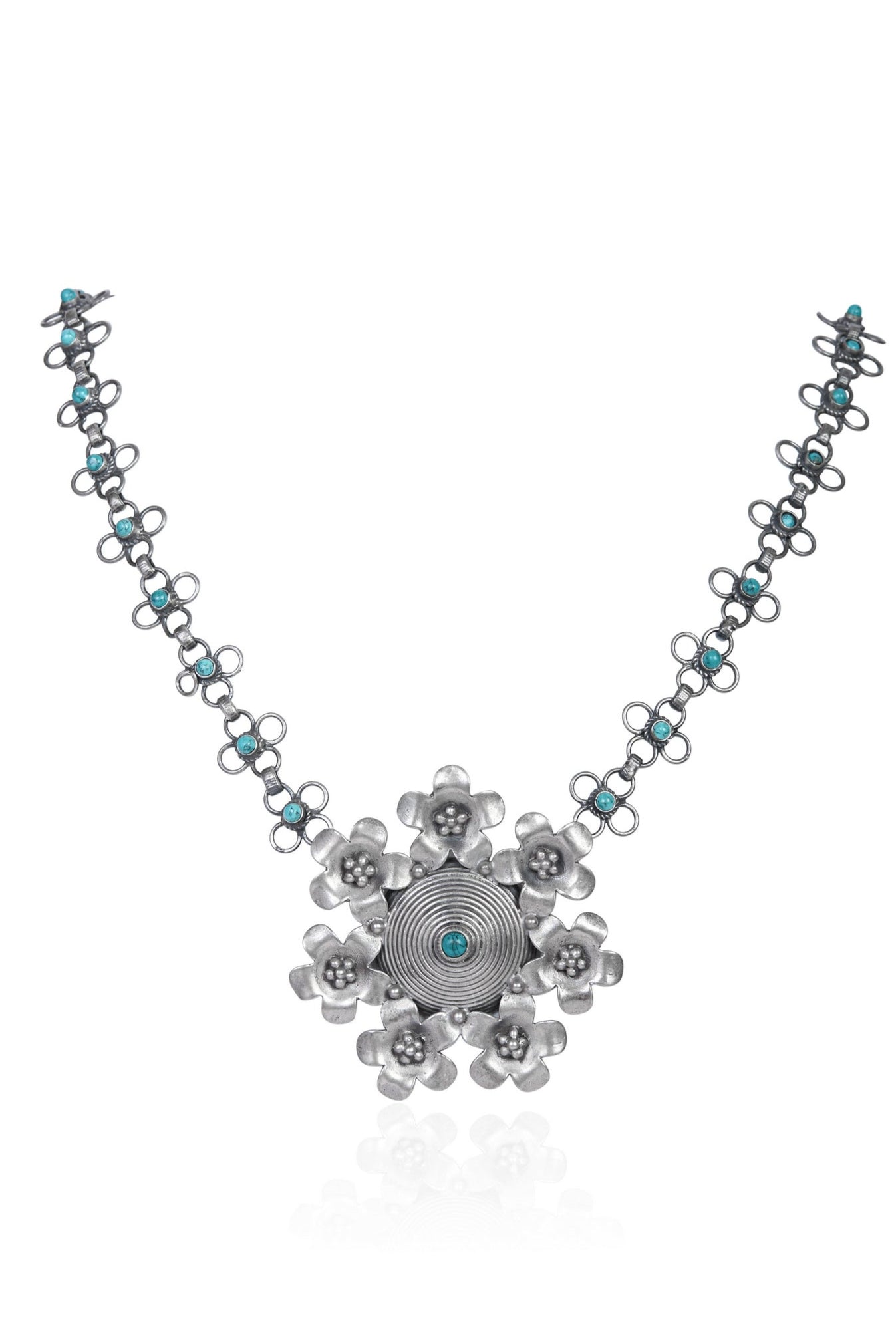 Silver Tone Necklace with Turquoise Floral Pendant and Chain