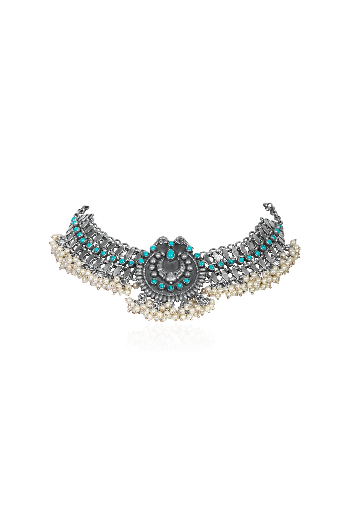 Silver Tone Choker with Turquoise Center, Pearl Drops, and Intricate Design