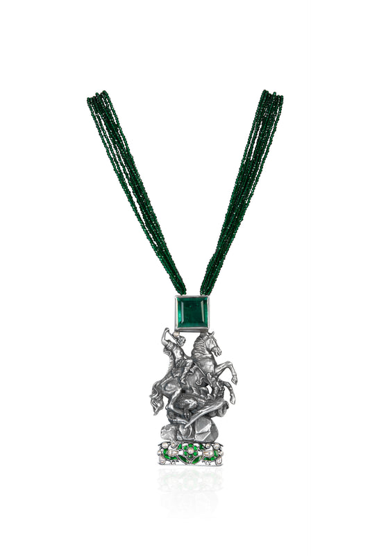 Bold Silver Pendant Necklace with Mythical Battle Scene Square Emerald and Green Onyx Strands