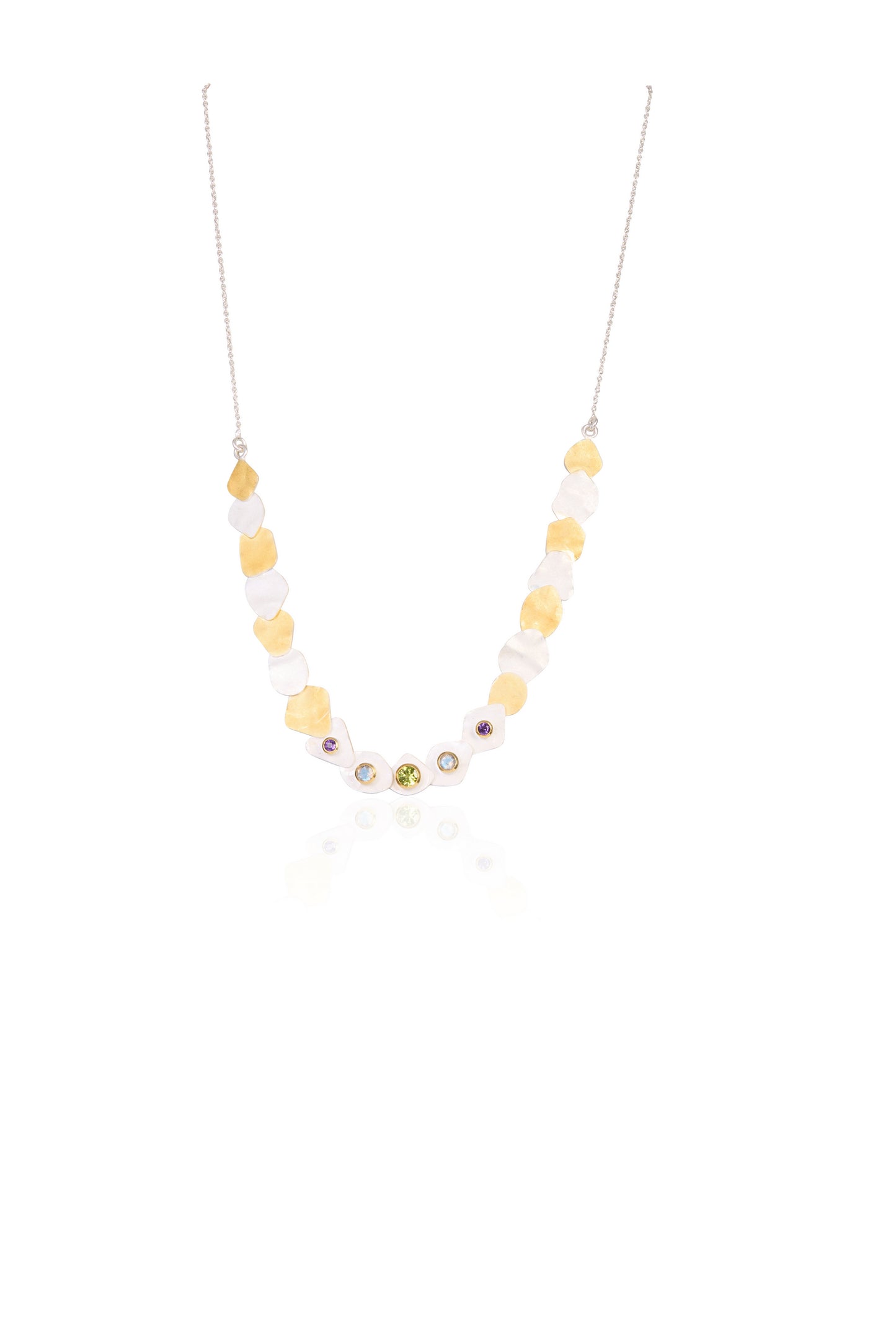 Sterling Silver Necklace with Irregular Yellow and White Stones and Pastel Gem Accents