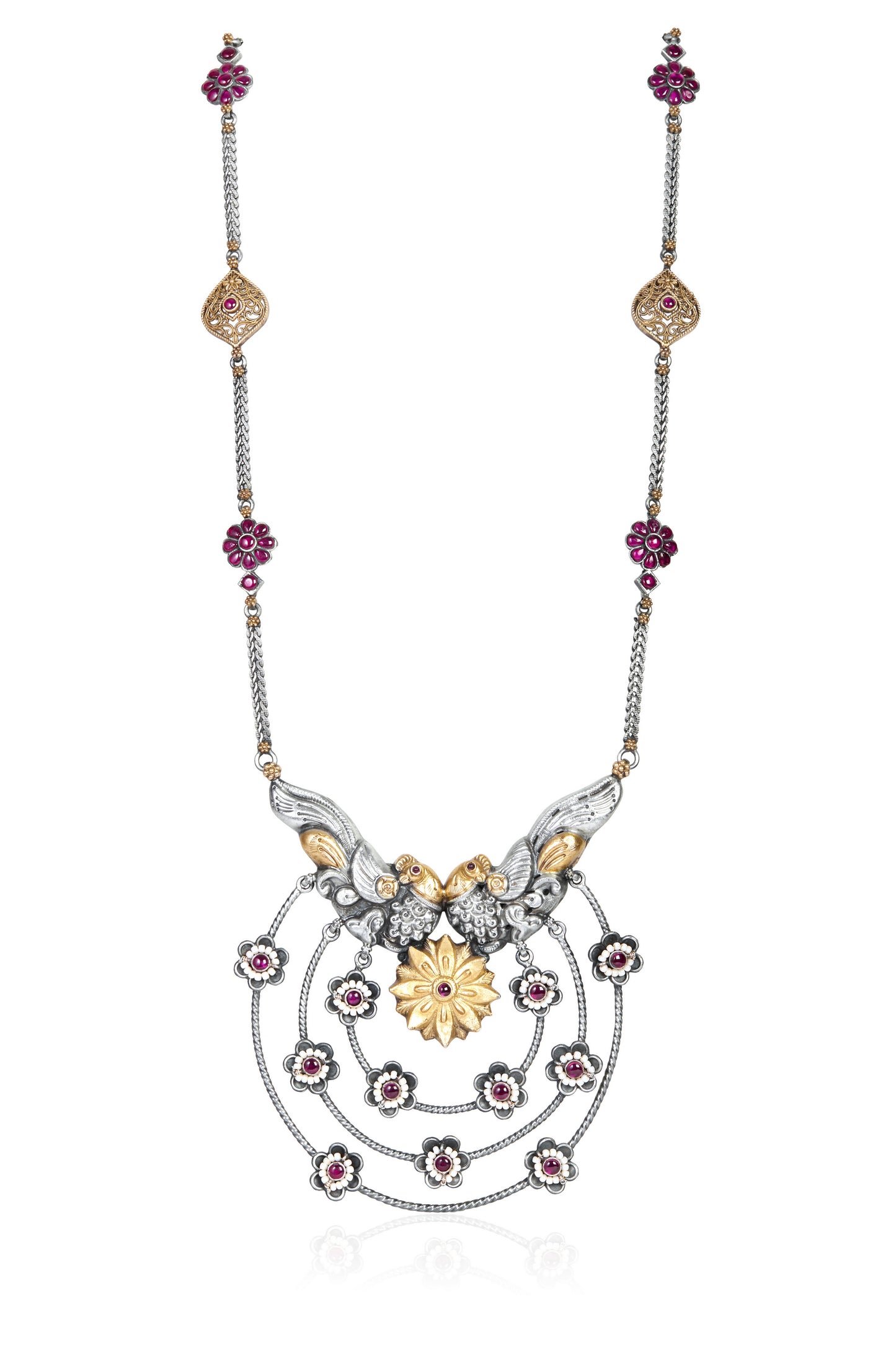 Silver and Gold Tone Necklace with Bird and Flower Motif and Ruby Accents