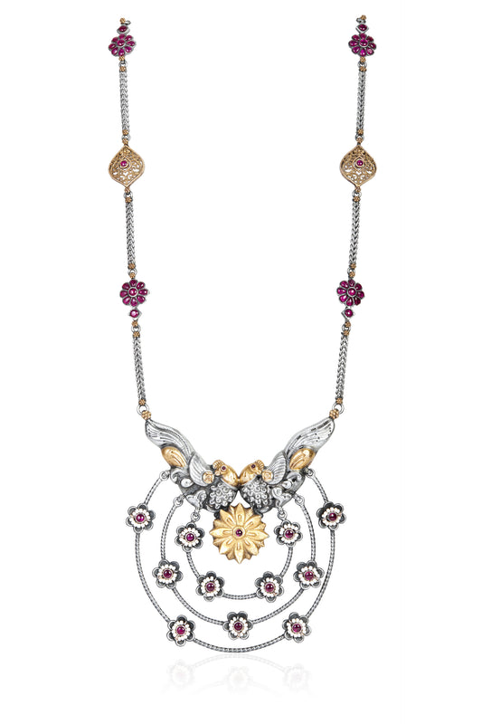 Silver and Gold Tone Necklace with Bird and Flower Motif and Ruby Accents