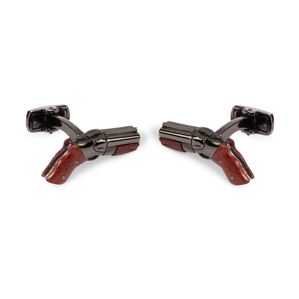 Revolver Black Silver Wood Handle Cufflinks