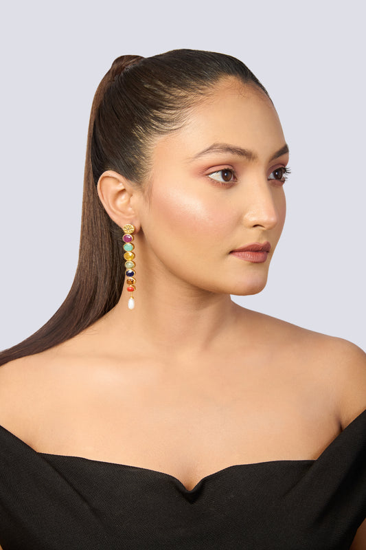 Navratna Gemstone Dangle Earrings with Pearl Drop