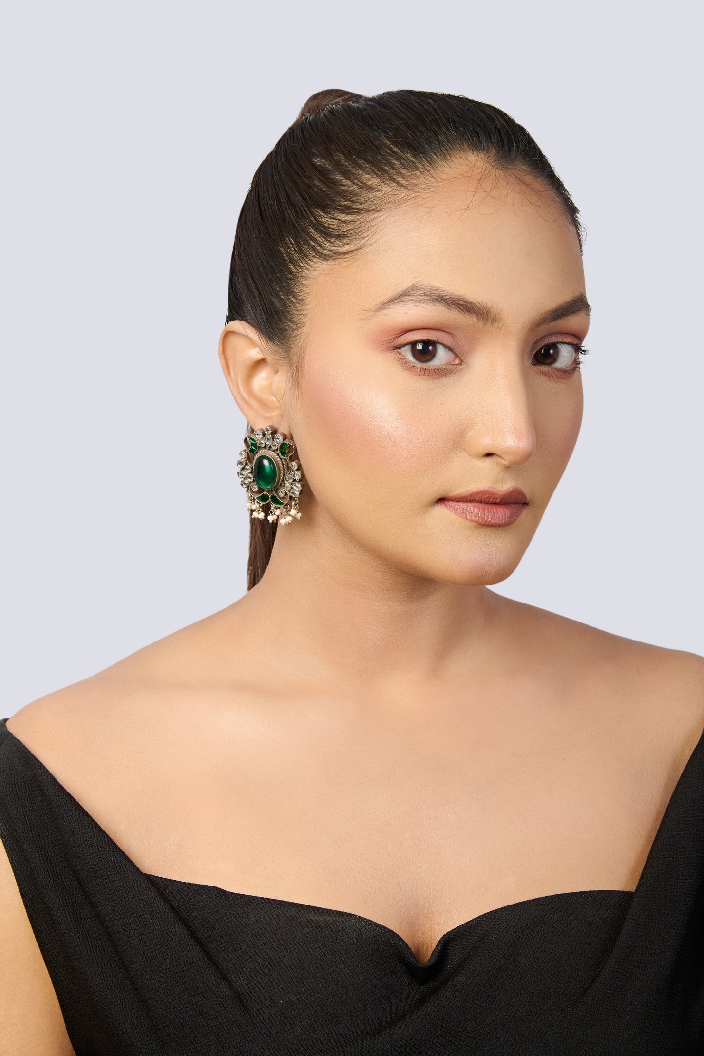 Oxidized Silver Stud Earrings with Oval Emeralds, White CZ, Green Enamel, and Pearl Dangles