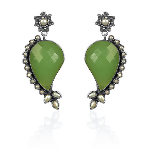 Oxidized Silver Paisley Dangle Earrings with Green Gemstone and Pearl Border