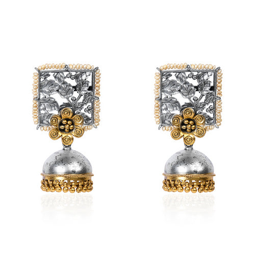 Oxidized Silver Square Jhumka Earrings with Leaf Design, Pearl Border, and Golden Drops