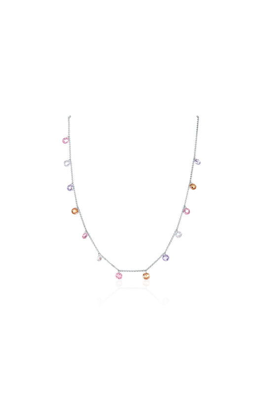 Sterling Silver Dangle Station Necklace with Pastel Multi-Colored Gemstones