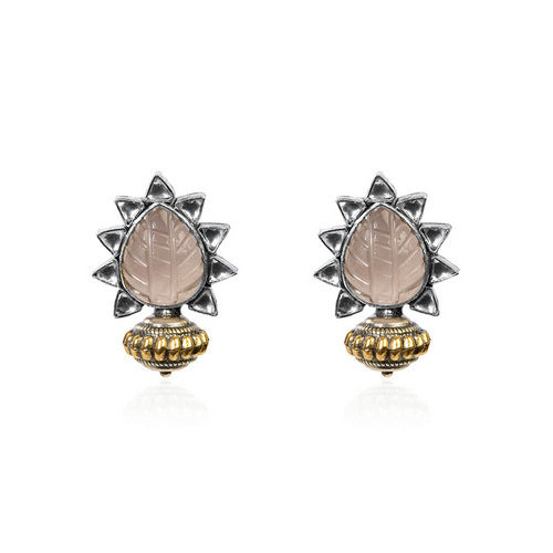 Oxidized Silver and Gold Tone Stud Earrings with Carved Pink Stone and Metallic Drop