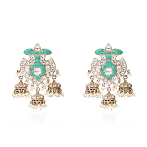 Traditional Oxidized Silver Kundan Jhumki Earrings with Turquoise Stone Top and Pearl Dangles