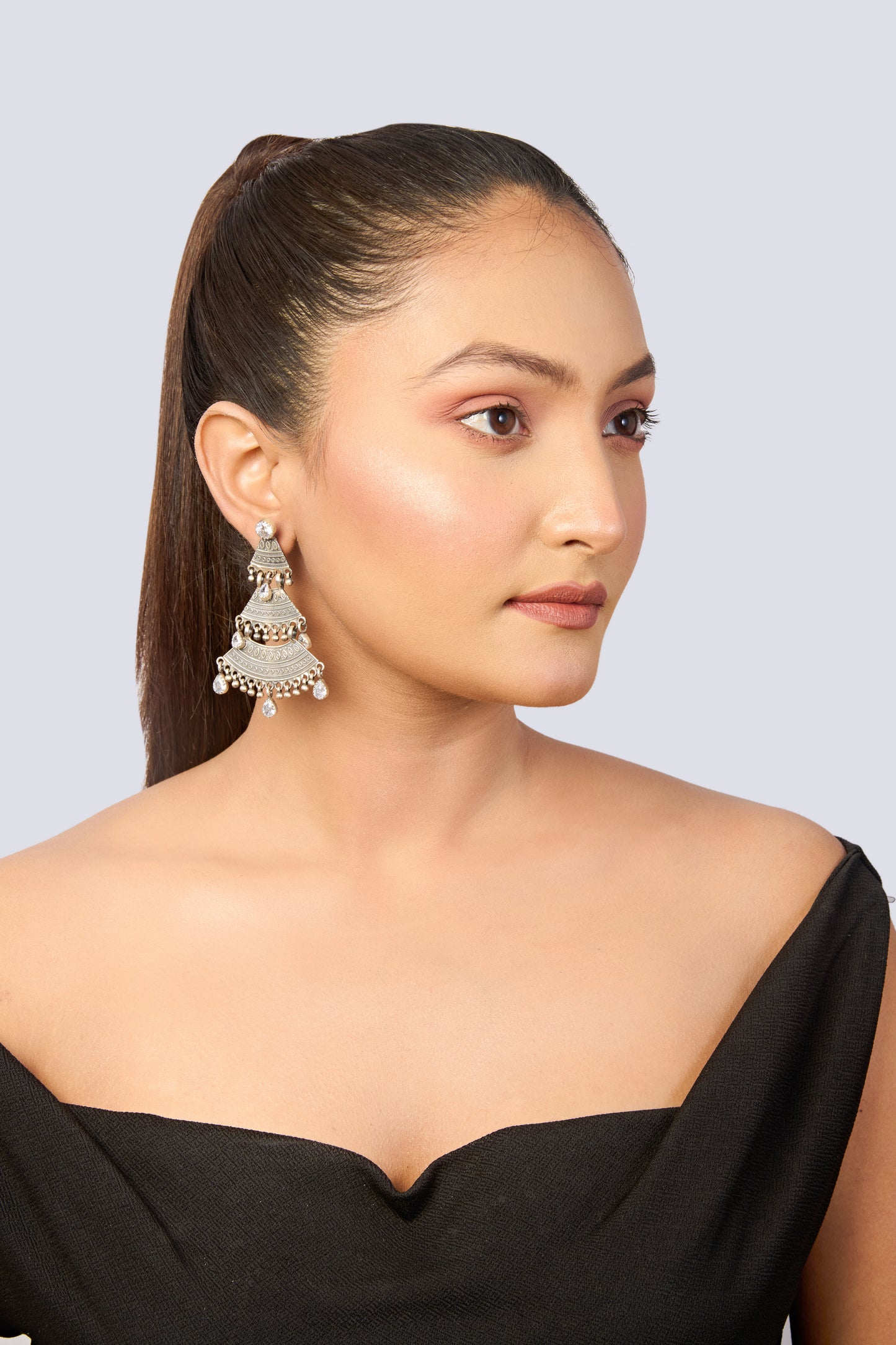 Oxidized Silver Multi-Tiered Dangle Earrings with White Stones