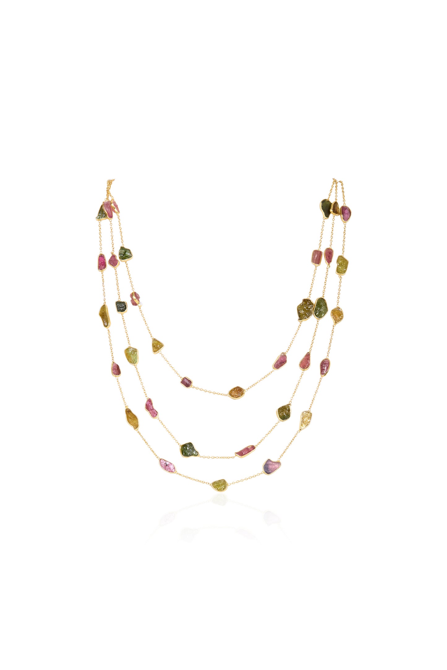 Women's Necklace with Unique Shaped Tourmalines in Assorted Hues (Three-Layer)