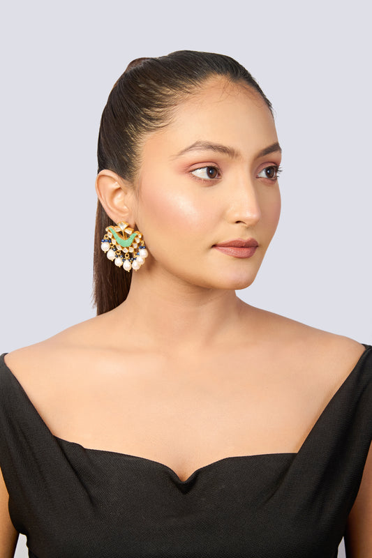 Green & Yellow Meenakari Ethnic Drop Earrings with Pearl & Blue Bead Drops