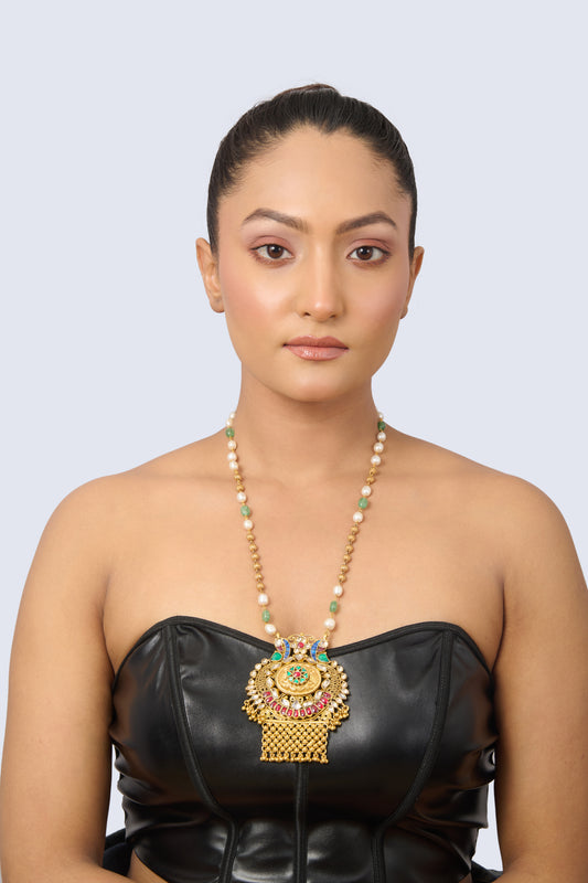 Long Necklace with Enamel, Ruby, Emerald, Pearl, and White Gem Pendant