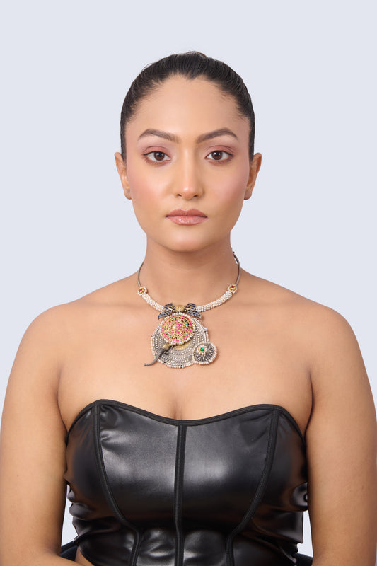 Silver Tone Choker with Ruby, Emerald, Sapphire, Pearl, and Enamel Pendant