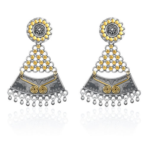 Dual-Tone Oxidized Silver and Gold Geometric Ethnic Dangle Earrings