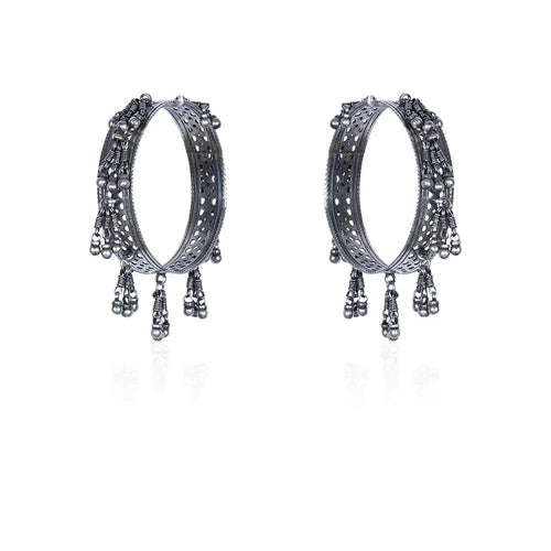Oxidized Silver Openwork Bangles with Dangling Ball Chain Charms (Pair)
