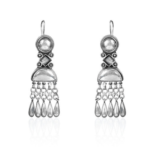 Oxidized Silver Tribal Dangle Earrings with Geometric Layers and Teardrop Drops