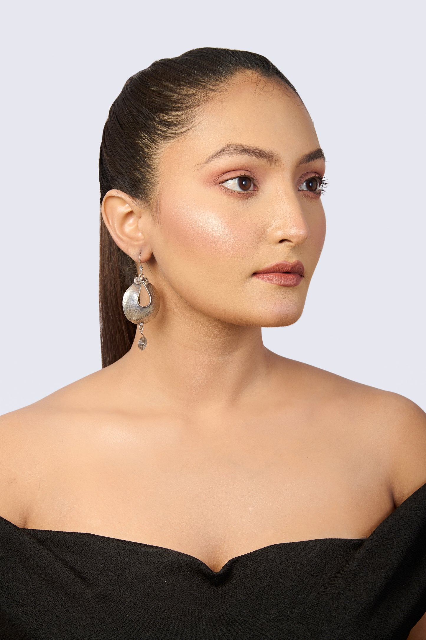 Oxidized Silver Hammered Half-Moon Dangle Earrings with Spiral Drop