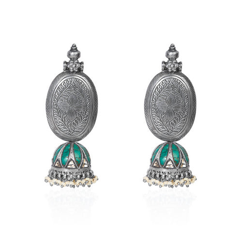 Oxidized Silver Jhumka Earrings with Carved Oval Top, Turquoise Inlay, and Pearl Drops