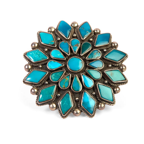 Oxidized Silver Adjustable Ring with Cluster Turquoise Floral Design